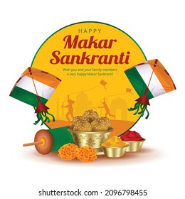 Happy Makar Sankranti festival banner with silhouette of children flying kites, Paper kites and Sesame seeds ball or Tilgul Ladoo.