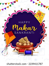 happy makar sankranti festival banner kite, latai and sweets illustration for social media, website, ads, background