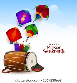 Happy Makar Sankranti festival celebration card with colorful kites vector