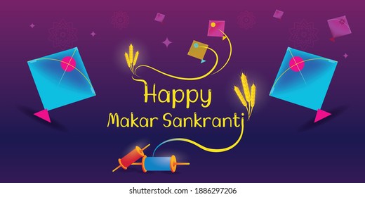 Happy Makar Sankranti festival greeting card with kites and decorative elements for website and social media. Beautiful festive banner flyer vector illustration.