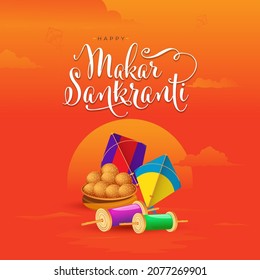 Happy Makar Sankranti Festival Grußhintergrund Vorlagendesign mit Drachen und süßen Illustrationen