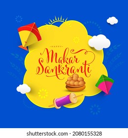 Happy Makar Sankranti Festival Greeting Background Template Design with Kites and Sweet Illustrations
