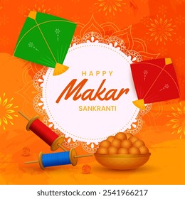 Happy makar sankranti festival greeting template with decorative props. Makar sankranti celebration greeting card, vector illustration