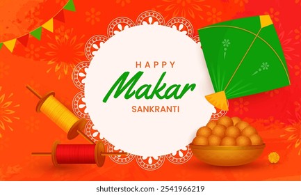 Happy makar sankranti festival greeting template with decorative props. Makar sankranti celebration greeting card, vector illustration