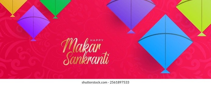 Happy Makar Sankranti Festival Greeting Background Template Design. Makar Sankranti wallpaper with colorful kite string for festival of India. Makar Sankranti, the religious festival of India.