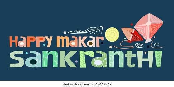 Happy Makar Sankranti Festival Greeting Background Template Design. Indian festival. Harvest celebration season . Sun enters Capricorn zodiac sign. Kites flown on this day.