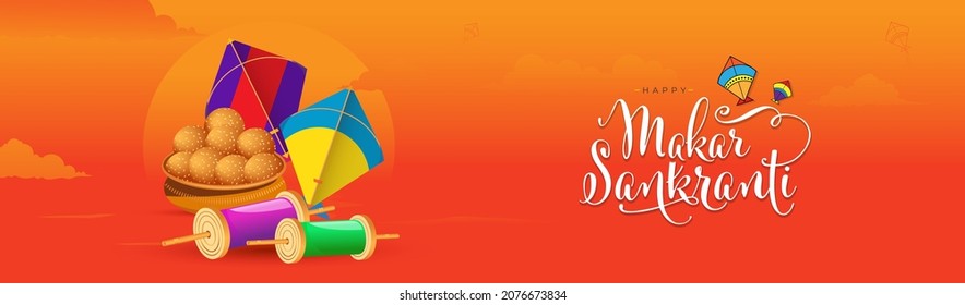 Happy Makar Sankranti Festival Header Banner Design Template with Kites and Sweet Illustrations