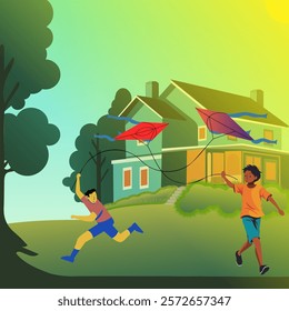 Happy Makar Sankranti Festival illustration Two Boys Flying Kite and running. vector design illustration