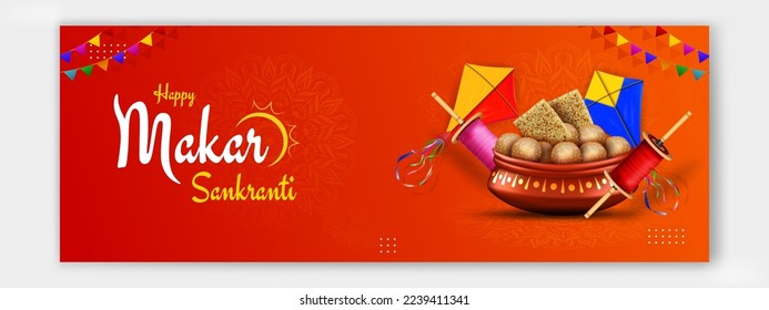 happy makar sankranti festival web banner illustration with kites and sweets.eps