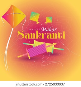 Fondo festivo feliz de Makar Sankranti con cometas coloridas y carretes de hilo en un gradiente amarillo y rosa vibrante; perfecto para saludos de festival de cosecha indio y publicaciones en redes sociales