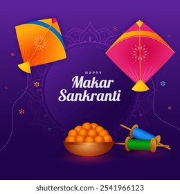 Feliz makar sankranti com papagaios coloridos voadores e carretéis de corda. Makar sankranti fundo tradicional, cartão de saudação, ilustração vetorial