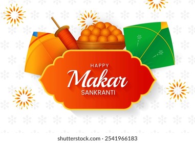 Feliz makar sankranti com papagaios coloridos voadores e carretéis de corda. Makar sankranti fundo tradicional, cartão de saudação, ilustração vetorial