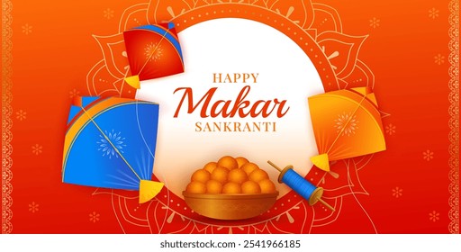 Feliz makar sankranti com papagaios coloridos voadores e carretéis de corda. Makar sankranti fundo tradicional, cartão de saudação, ilustração vetorial