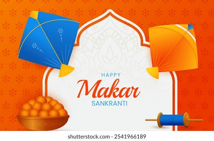 Feliz makar sankranti com papagaios coloridos voadores e carretéis de corda. Makar sankranti fundo tradicional, cartão de saudação, ilustração vetorial