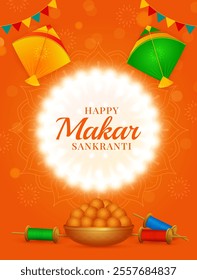 Happy makar sankranti with flying colorful kites and string spools. traditional background, greeting card, vector illustration