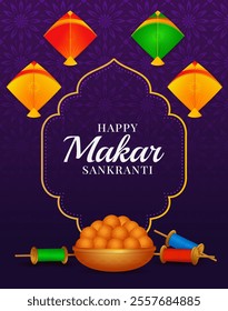 Happy makar sankranti with flying colorful kites and string spools. traditional background, greeting card, vector illustration