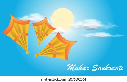 Happy Makar Sankranti, Flying Kites. Realistic vector illustration