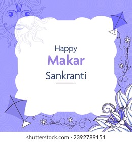 Happy Makar Sankranti Font with Doodle Style Deity Surya Face, Kites, Floral Decorated on White and Purple Background.