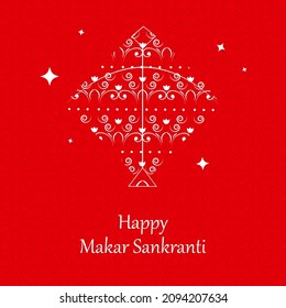 Happy Makar Sankranti Font With Flourish Kite On Red Mandala Pattern Background.