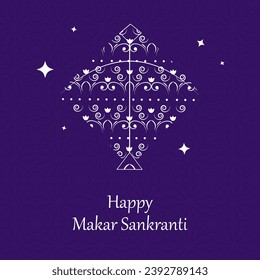 Fröhlicher Makar Sankranti-Font mit floralem Drachen auf violettem Mandala-Musterhintergrund.