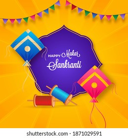 Happy Makar Sankranti Font With Kites, Realistic String Spools And Colorful Bunting Flags On Orange Rays Background.