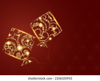 Happy Makar Sankranti Font With Shiny Golden Glittering Kites In Motif Pattern On Brown Mandala Pattern Background.