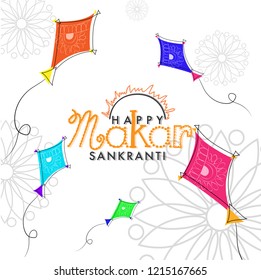 Happy Makar Sankranti greeting card design with doodle illustration of flying kites on white floral background.