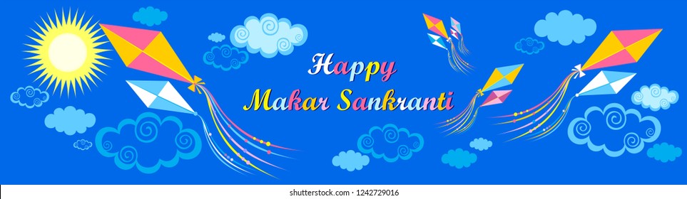Happy Makar Sankranti greeting card with  lettering, colorful kites, sun and place for your text. Art design celebrate party invitation template. Vector Illustration