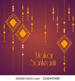 Happy Makar Sankranti greeting card design decorated with hanging kites.