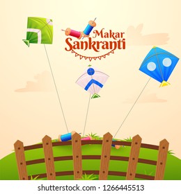 Happy Makar Sankranti greeting card design with illustration of flying kites and string spool on nature view background.