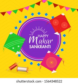 Happy Makar Sankranti greeting card design decorated with colorful kite, string spool and bunting flags on yellow wavy striped background.