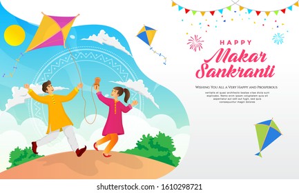 Happy Makar Sankranti greeting card design. cartoon indian boy and girl playing kite in the field celebrating Makar Sankranti festival