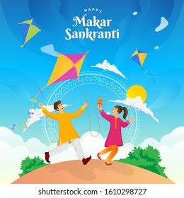 Happy Makar Sankranti greeting card design. cartoon indian boy and girl playing kite in the field celebrating Makar Sankranti festival