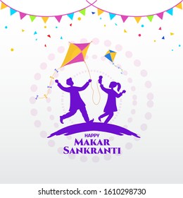 Happy Makar Sankranti greeting card design. cartoon indian boy and girl playing kite in the field celebrating Makar Sankranti festival
