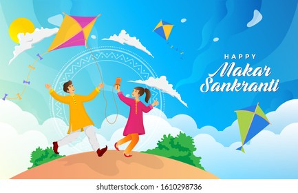 Happy Makar Sankranti greeting card design. cartoon indian boy and girl playing kite in the field celebrating Makar Sankranti festival