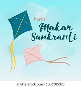 Happy Makar Sankranti greeting card design with illustration of bright colorful blue and pink kites with bow tail flying in sunny sky blue gradient background. Vector Maghi - Hindu festival of India