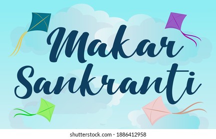 Feliz diseño de tarjetas de felicitación Makar Sankranti con ilustración de cometas coloridas brillantes con cola de arco volando en el soleado fondo de gradiente azul cielo. Vector Maghi - festival hindú