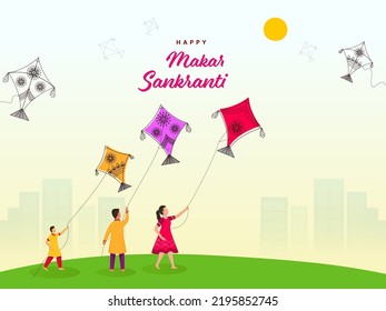 Happy Makar Sankranti Greeting Card With Indian Children Flying Kites And Sunshine Against Background.