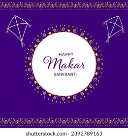 Happy Makar Sankranti Greeting Card With Linear Style Kites in Purple and White Color.