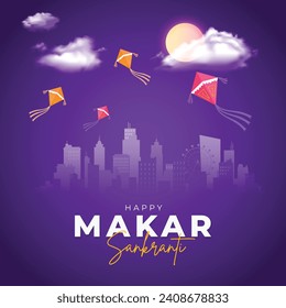 Herzlichen Glückwunsch Makar Sankranti Grußkarte und Social Media Post. Makar Sankranti Festival Hintergrund mit fliegenden Kiten und Gebäude. Minimal Makar Sankranti Flyer Vorlage Vektorgrafik