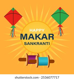 Happy Makar Sankranti greeting  festival card, Banner, poster with kite, sun vector illustration graphic design