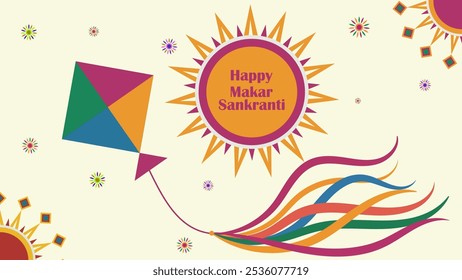 Happy Makar Sankranti greeting  festival card, Banner, poster, social media cover with kite, sun vector illustration graphic design