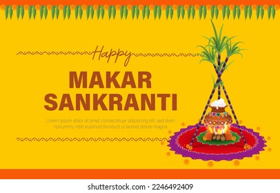 Feliz Makar Sankranti saludo para la celebración del festival del sur de India. Es uno de los grandes festivales Indian Harvest. 