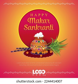 Happy Makar Sankranti Greetings. The Indian festival Sankranthi is Celebrated the month of January. Sankranti pot with sugar cane.