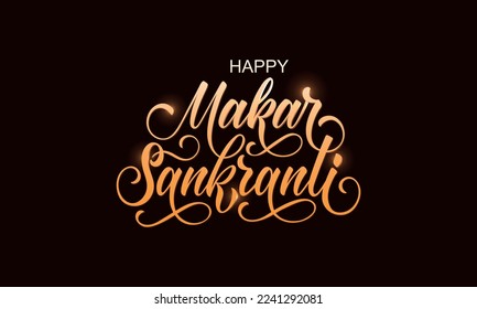 Happy Makar Sankranti handwritten text. Modern brush calligraphy, hand lettering typography.Vector illustration for  flyer, poster, banner, greeting card, invitation template, social media post