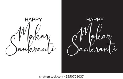 Happy Makar Sankranti handwritten text with modern brush calligraphy, hand lettering typography. Flyer, poster, banner, greeting card, invitation template, social media post. Vector illustration .