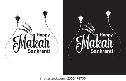 Texto escrito a mano feliz de Makar Sankranti con caligrafía de pincel moderna, tipografía de letras a mano. Folleto, cartel, Anuncio, tarjeta de felicitación, Plantilla de invitación, publicación en redes sociales. Ilustración vectorial.