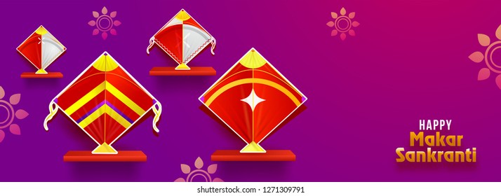 Happy Makar Sankranti header or banner design decorated with realistic kites on purple background.