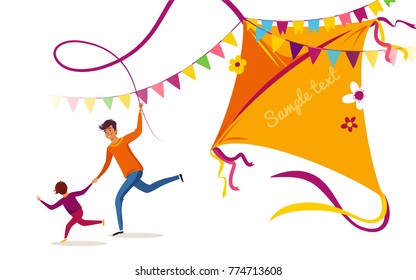 Happy Makar Sankranti holiday background, banner or poster. Happy family father and son flying kite and having fun. Vector illustration