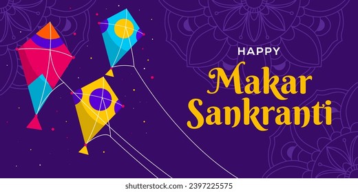 Happy Makar Sankranti horizontal banner illustration in flat design style